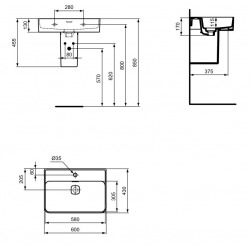 Ideal Standard Strada II Lavabo 600x430 mm blanc, 1 trou de robinet, couvercle de vidage en porcelaine inclus, non meulé (T300001)