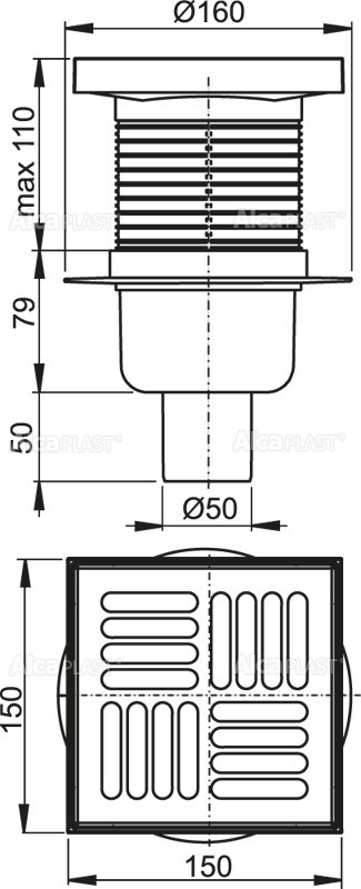 Alca Siphon de sol sortie verticale 150 x 150/50 MM (APV6411