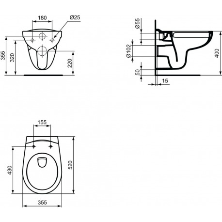 Porcher / Ideal Standard Pack WC suspendu sans bride + abattant Eurovit  (PorcherRimless)