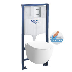 Pack WC Bâti + cuvette Sento RIM-EX (sans bride) compacte + plaque de commande chrome (GROHE-SentoRimlessCOMPACT)
