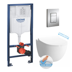 Pack WC Bâti + cuvette Sento RIM-EX compacte + plaque de commande chrome (GROHE-SentoRimlessCOMPACT)