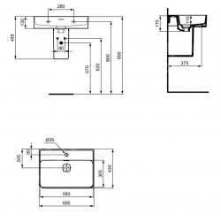 Strada II lavabo 600x430 mm, 1 trou pour robinet, avec Ideal Plus, blanc (T3000MA)