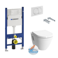 Pack WC Bâti Duofix + Cuvette suspendue Vitra S50 sans bride + Abattant soft close + Plaque blanche (S50rimlessGeb3)
