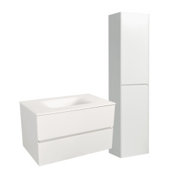 Set Meuble 66cm suspendu blanc mat avec 2 tiroirs + Vasque marbre coulé blanc mat + Armoire (Verona66BBB)