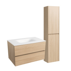 Set Meuble 86cm suspendu bois clair avec 2 tiroirs + Vasque marbre coulé blanc mat + Armoire (Verona86NCC)