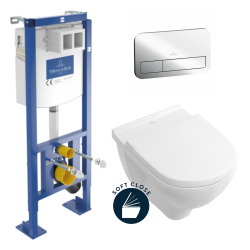 Pack WC Bâti-autoportant avec Cuvette Villeroy & Boch O.NOVO + Abattant softclose + Plaque Chrome (AutoVilleroyOnovo)