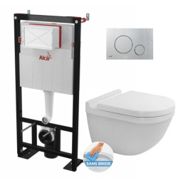 Pack WC bâti-autoportant avec Cuvette Duravit Starck 3 sans bride + Abattant softclose + Plaque Chrome mat (AlcaStarck3-5)