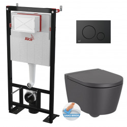 Pack WC Bâti autoportant avec Cuvette Roca Inspira rimless fixations invisibles + Abattant + Plaque noire mat (AlcaInspiraO-2)