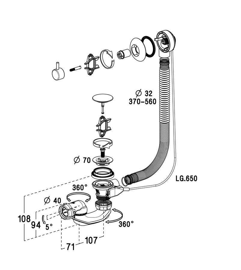 Vidage pour baignoire à clapet avec siphon 70, 0203577, NICOLL