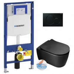 Pack WC Bâti-support avec Cuvette AL010BL rimless fixations invisibles + Abattant softclose + Plaque noir (GebBlackAlfa-A)