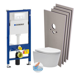 Pack WC bâti-support + WC Swiss Aqua Technologies sans bride + plaque blanche + Set habillage (HSATrimlessGeb1)