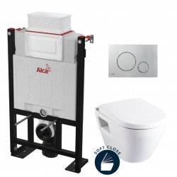 Pack WC Bâti autoportant avec Cuvette Serel SM10 + abattant softclose + Plaque chrome mat (Alca85SM10-5)