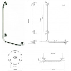  HELP Barre de maintien fixe 80x60cm en forme de L, Pose à gauche, Acier inoxydable Brossé (301112042)