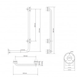  HELP Barre de maintien fixe 63x89cm, en forme de L, pose à droite, Acier Inoxydable (301122041)