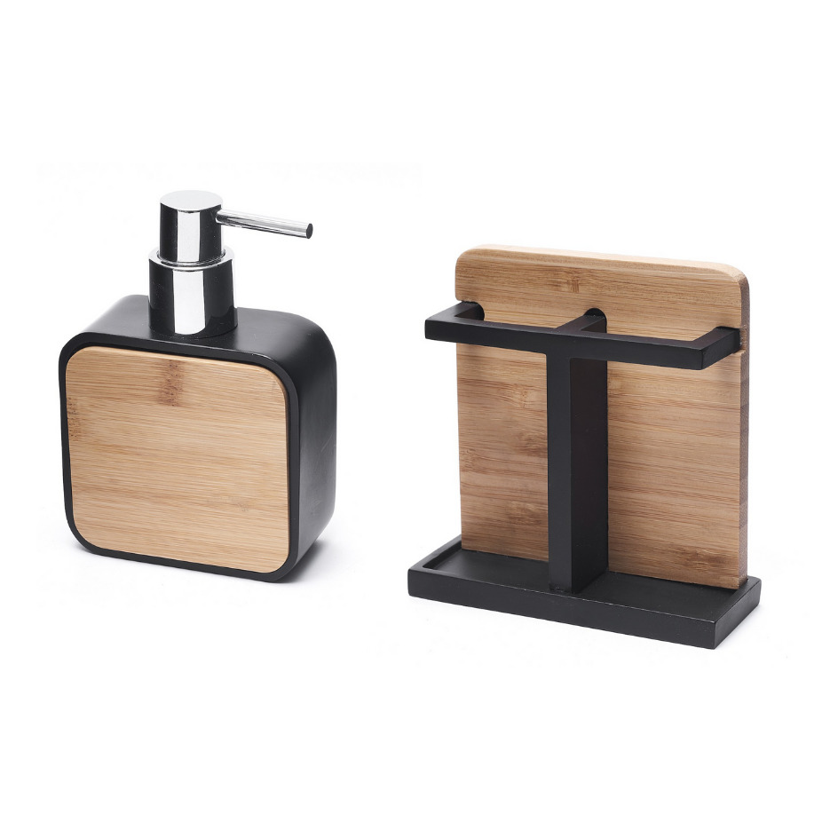 Optima Hombre Set salle de bain avec Porte-brosse à dents + Distributeur de  savon en polyrésine et bois de bambou, Noir (HOM-SET1)