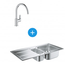 K400 Kit évier acier inoxydable avec égouttoir réversible et vide-sauce + Mitigeur monocommande col de cygne (31567SD0-SET)