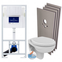 Pack WC bâti-support + WC Porcher sans bride + Abattant + Plaque blanche + Set d'habillage (ViConnectPorcher-2-sabo)