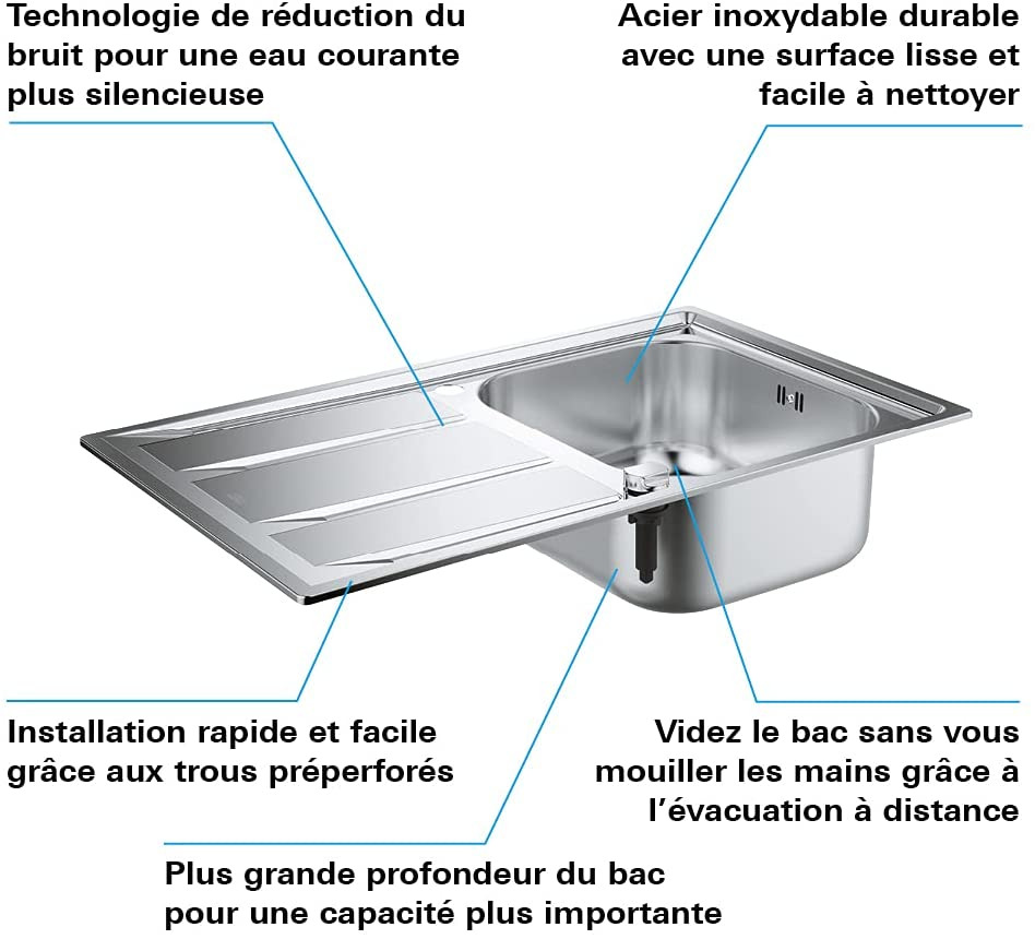 Pack Evier Mitigeur GROHE Evier K200, Inox lisse, 1 bac égouttoir, Mitigeur  BAU