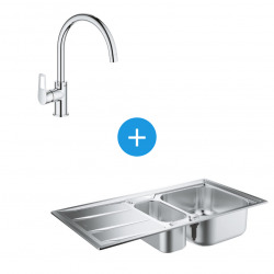 Kit Evier cuisine K400 à encastrer 965x500mm Acier inoxydable + Mitigeur Bauloop Col de cygne, Chrome (31567SD0-SET1)