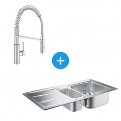 Kit Evier cuisine K400 à encastrer 965x500mm Acier inoxydable + Mitigeur Get semi-pro ressort & douchette 2 jets (31567SD0-SET3)