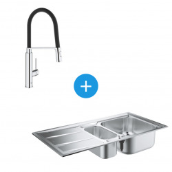 Kit Evier cuisine K400 à encastrer 965x500mm Acier inoxydable + Mitigeur semi-pro Concetto douchette 2 jets (31567SD0-SET4)