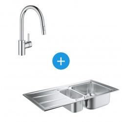 Kit Evier cuisine K400 à encastrer 965x500mm Acier inoxydable + Mitigeur douchette extractible 2 jets (31567SD0-SET5)