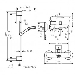 Vernis Blend Set Mitigeur bain/douche + Douchette Ecosmart 2 jets + Barre 65cm Chrome (71440000-Vernis)