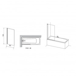  Pivot Pare-baignoire fixe en verre, 140x80cm, Chrome mat (PVS180TS)