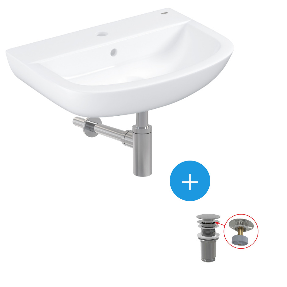 Ensemble lavabo suspendu + Bonde clic-clac + Siphon