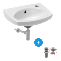 Ensemble lave-main suspendu avec trou pour robinetterie, trop plein, 35x28cm + Bonde clic-clac + Siphon de lavabo  (EUR913-SET2)