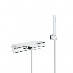 Set bain/douche mitigeur thermostatique + Douchette Stick 1 jet, support mural, flexible, Chrome (34467001-CUBESTICK)