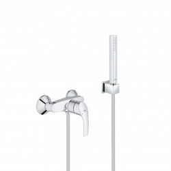 Set de douche mitigeur Eurosmart + Douchette Stick 1 jet, support mural, flexible, Chrome (33555002-CUBESTICK)