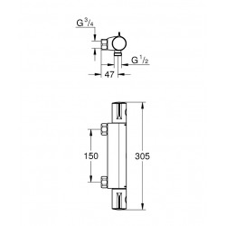 Set de douche Mitigeur thermostatique Grohtherm + Douchette Stick 1 jet, support mural, flexible, Chrome  (34561000-CUBESTICK)