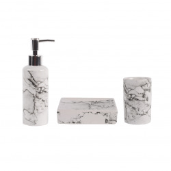 Marmo Set d'accessoires de salle de bain Distributeur de savon + Porte savon + Gobelet, Aspect marbre (Marmo-SET)