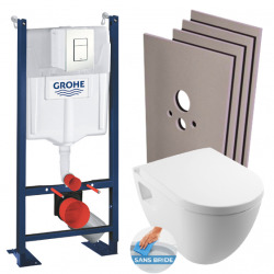 Pack WC Bâti-support autoportant + Cuvette suspendue sans bride SAT + Abattant frein de chute + Plaque Blanc + Set d'habillage