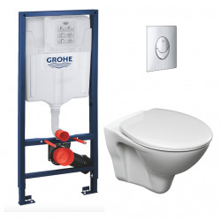 Pack WC Bâti-support Rapid SL + Cuvette suspendue Cersanit S-line + Abattant classique + Plaque Chrome (GROHE-S-LinePro-1)