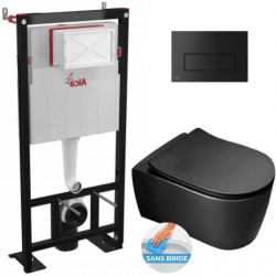 Pack WC Bâti autoportant + WC suspendu Alfa rimless noire mat + Abattant softclose + Plaque noire (AlcaBlackAlfa-7)