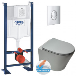 Pack WC Bâti autoportant + WC suspendu Swiss Aqua Technologies GreyInfinitio sans bride + Abattant softclose + Plaque Chrome