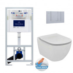 Pack WC Bâti-support + WC Ideal Standard TESI AquaBlade sans bride fixations invisibles + Plaque chrome mat (ViConnectTesi-3)