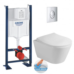 Pack WC Bâti-support autoportant + WC sans bride SAPHO Avva + Abattant softclose + Plaque Chrome (ProjectAvva-2)