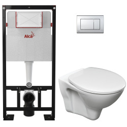 Pack WC Bâti autoportant + WC suspendu Cersanit S-line Pro avec Abattant + Plaque chrome (AlcaS-LinePro-M271)