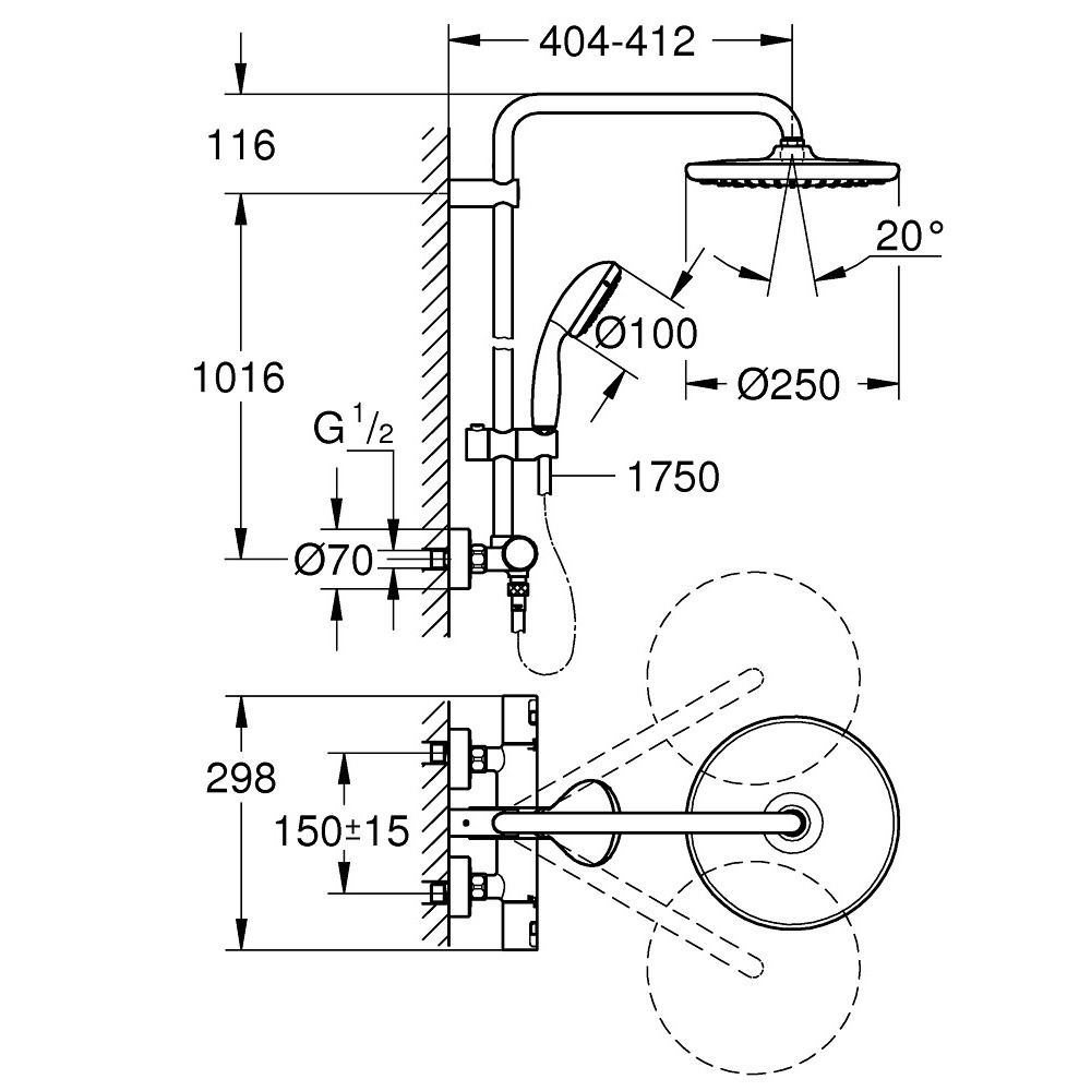 Grohe Quickfix Colonne de douche thermostatique XXL Round 250 + Douchette 2  jets, Chrome (26816022) - Livea Sanitaire