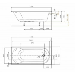  Opal Plus 160 x 70 cm Baignoire droite avec pieds 180 L en acrylique, blanc (XWP1260000)