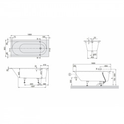  Oberon 180x80cm Baignoire rectangulaire encastrable gauche et droite en Quaryl®, avec pieds, blanc  (UBQ180OBE2V-01)
