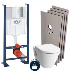 Pack WC Bâti Autoportant Rapid SL + WC suspendu Vitra S50 + Abattant softclose + Plaque chrome mat + Set habillage