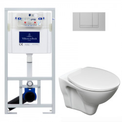 Pack WC Bâti-support Viconnect + WC suspendu Cersanit S-line Pro avec abattant + Plaque chrome mat (ViConnectS-LinePro-3)