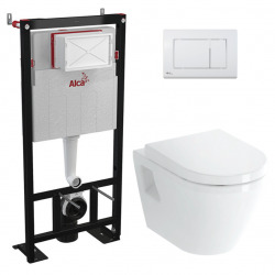Pack WC Bâti-support autoportant + WC sans bride Integra + Abattant frein de chute + Plaque Blanche (AlcaIntegraRimless-M270)