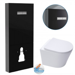 Pack WC Bâti support en verre trempé/aluminium brossé avec plaque intégrée, Noir + WC sans bride Infinitio + Abattant softclose