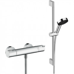 hansgrohe Crometta E - Colonne de douche avec mitigeur thermostatique,  douche pluie (240 x 240 mm) avec robinet, douchette (2 jets), support,  flexible