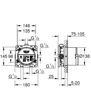 Grohe Grotherm Ensemble de douche avec partie encastrable et partie de  finition et pomme de douche 25cm bras mural avec douchette stick, support  et